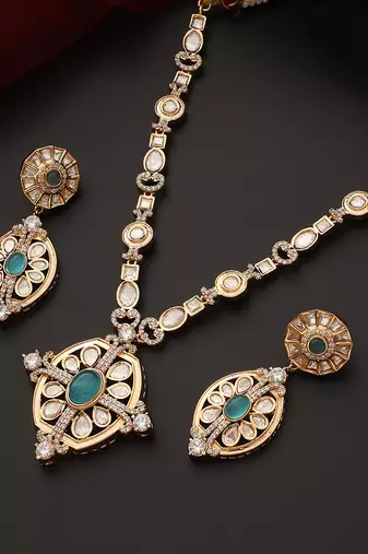 Blue rose gold tone polki pendant set