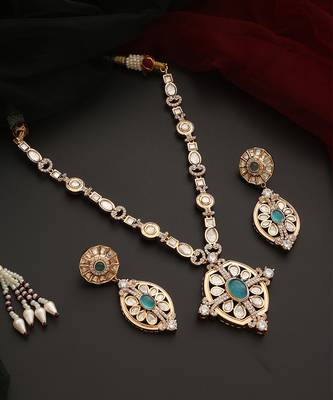 Blue rose gold tone polki pendant set 3