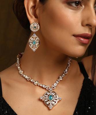 Blue rose gold tone polki pendant set 5