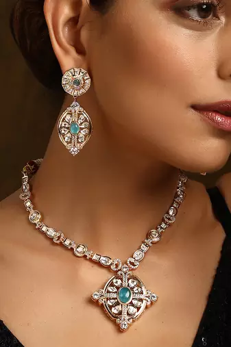 Blue rose gold tone polki pendant set