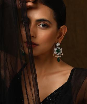 Green silver tone polki dangler earrings 1