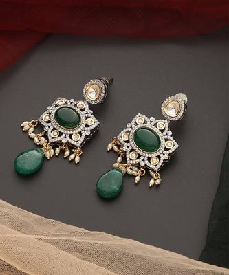 Green silver tone polki dangler earrings 2