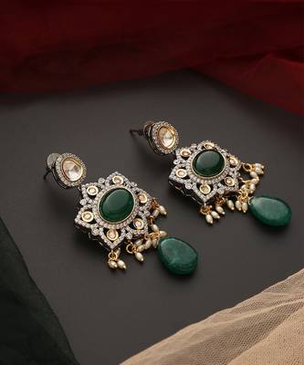 Green silver tone polki dangler earrings 3