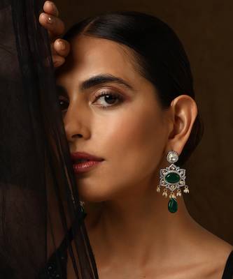 Green silver tone polki dangler earrings 4