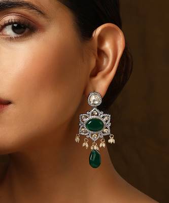 Green silver tone polki dangler earrings 5