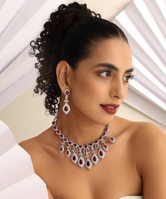 Red silver tone zirconia necklace set 1