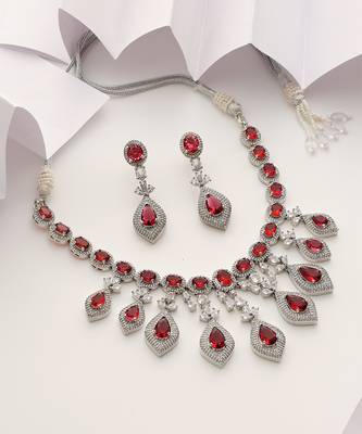 Red silver tone zirconia necklace set 2