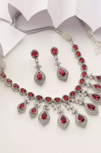 Red silver tone zirconia necklace set