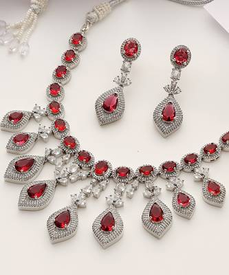 Red silver tone zirconia necklace set 3
