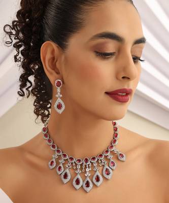 Red silver tone zirconia necklace set 4