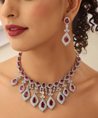 Red silver tone zirconia necklace set 5