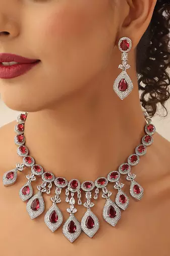 Red silver tone zirconia necklace set