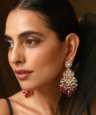 Red gold tone polki dangler earrings 2
