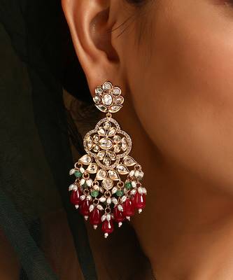 Red gold tone polki dangler earrings 3