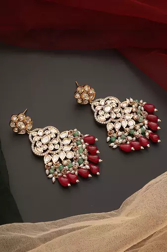 Red gold tone polki dangler earrings