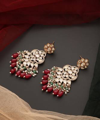 Red gold tone polki dangler earrings 5