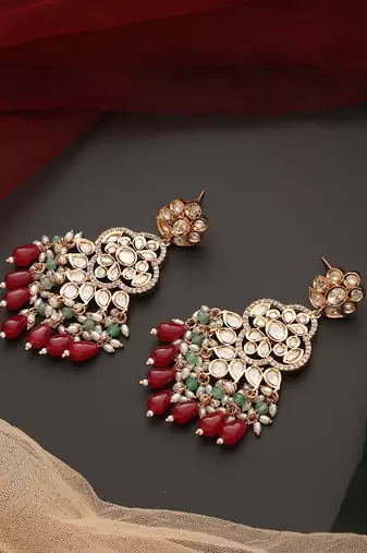 Red gold tone polki dangler earrings