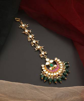 Pink and green gold tone kundan maang tikka 2