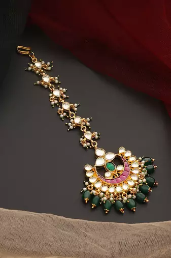 Pink and green gold tone kundan maang tikka
