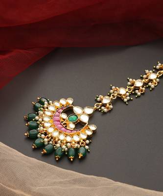 Pink and green gold tone kundan maang tikka 3