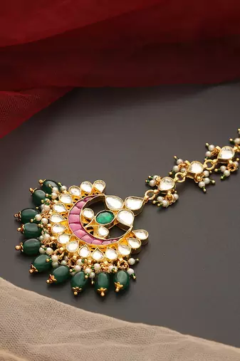 Pink and green gold tone kundan maang tikka