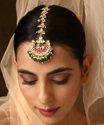 Pink and green gold tone kundan maang tikka 4