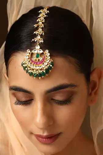 Pink and green gold tone kundan maang tikka
