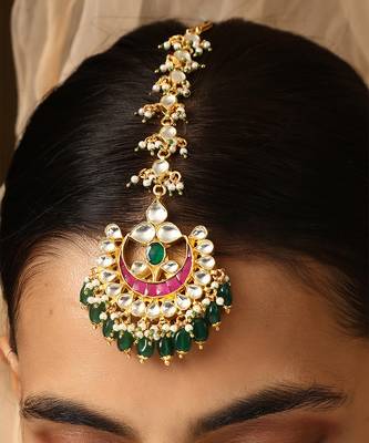 Pink and green gold tone kundan maang tikka 5