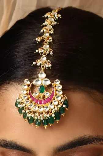 Pink and green gold tone kundan maang tikka
