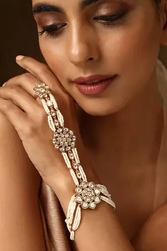 White gold tone polki hath phool