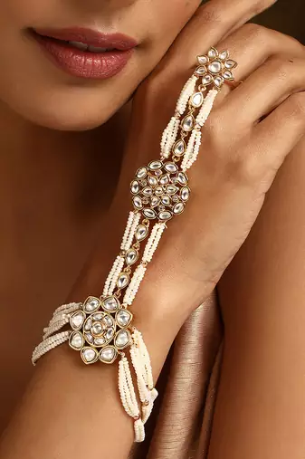 White gold tone polki hath phool