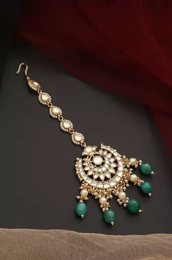Green gold tone polki maang tikka