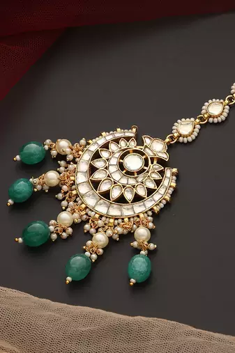Green gold tone polki maang tikka