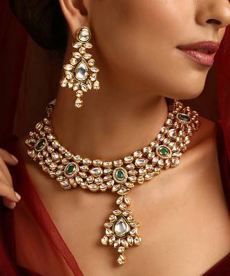Green gold tone kundan necklace set 5