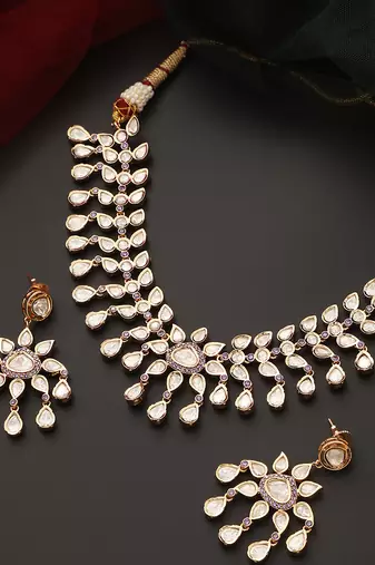 Lavender rose gold tone polki necklace set