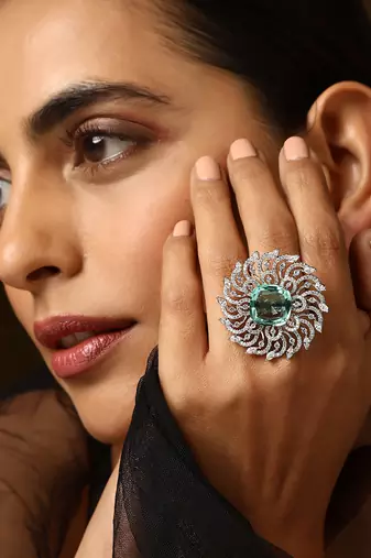 Emerald silver tone zirconia ring