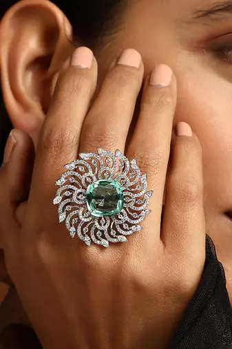 Emerald silver tone zirconia ring