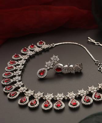 Red silver tone zirconia necklace set 2
