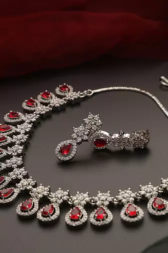 Red silver tone zirconia necklace set