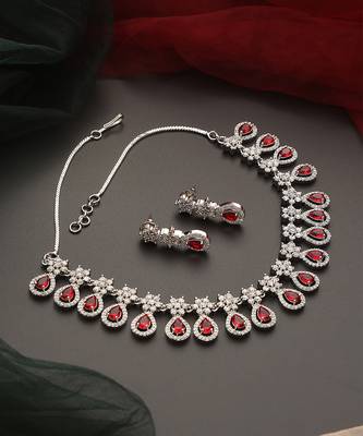 Red silver tone zirconia necklace set 3