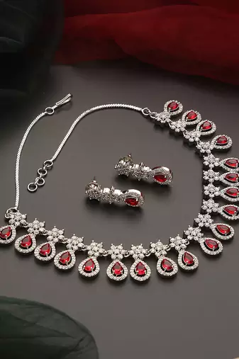 Red silver tone zirconia necklace set