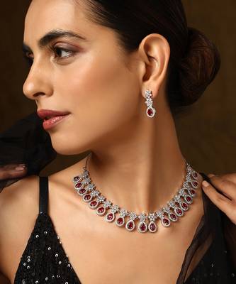 Red silver tone zirconia necklace set 4