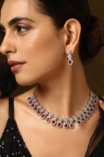 Red silver tone zirconia necklace set