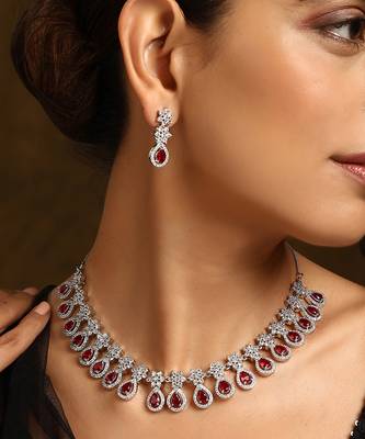 Red silver tone zirconia necklace set 5