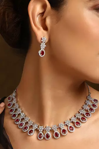 Red silver tone zirconia necklace set