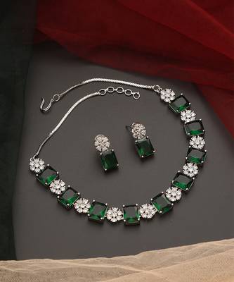 Green silver tone zirconia single line necklace set 2