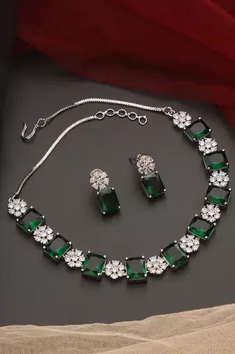Green silver tone zirconia single line necklace set