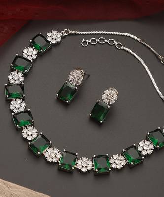 Green silver tone zirconia single line necklace set 3