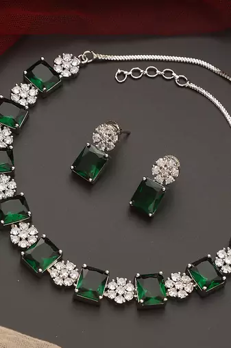 Green silver tone zirconia single line necklace set
