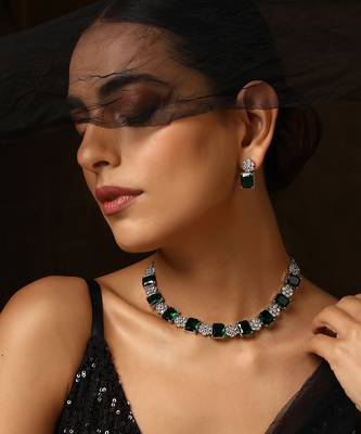 Green silver tone zirconia single line necklace set 4